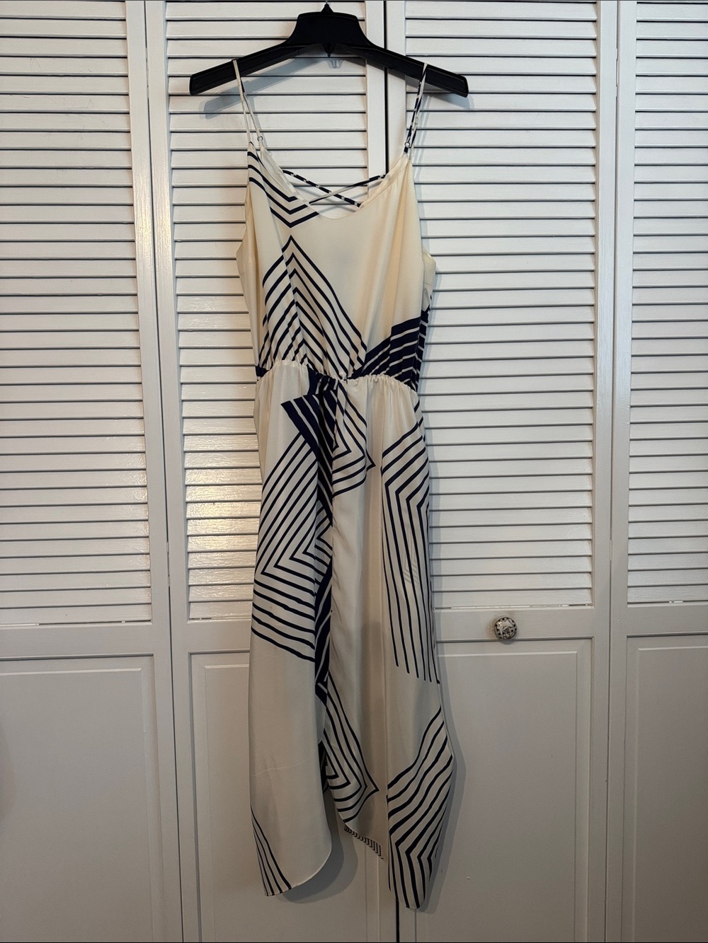 Myne Cream Dress with Navy Geometric Stripes